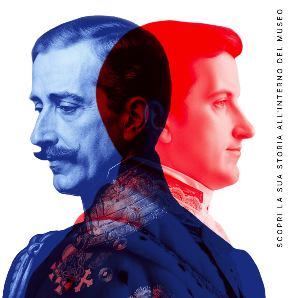 Mnri Mini Guida Tematica Carlo Alberto Rotary. Due immagini in sovrapposizione con la figura del re Carlo Alberto: una più giovane, rivolta a destra, in uniforme reale della Casa Savoia, a rappresentarne la formazione conservatrice; l’altra, più matura e segnata, rivolta a sinistra, raffigura un sovrano sconfitto e riflessivo.